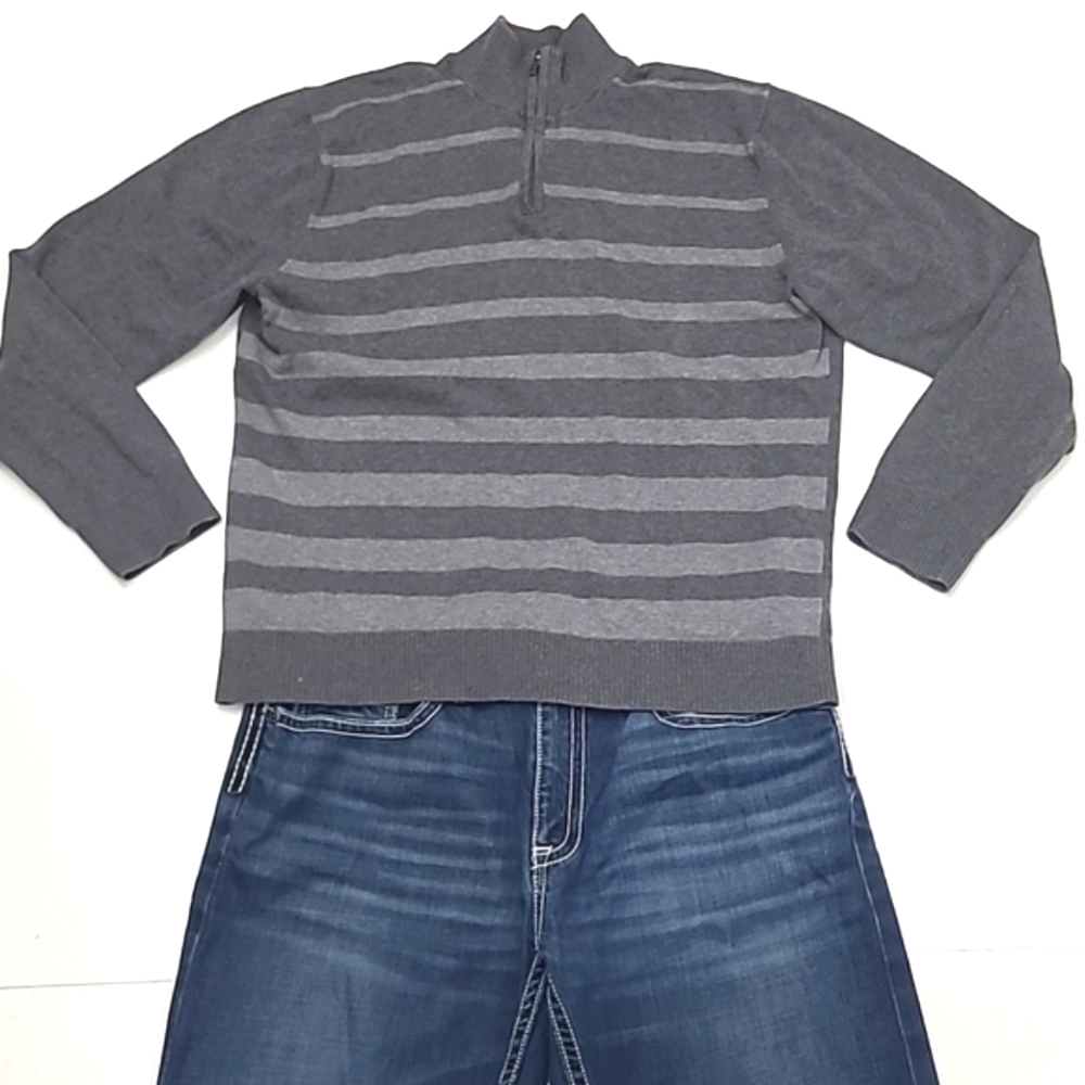 Alfani Mock Neck Striped Sweater 1/4 Zip Stand Up Fold Down Collar Ribbed Hem